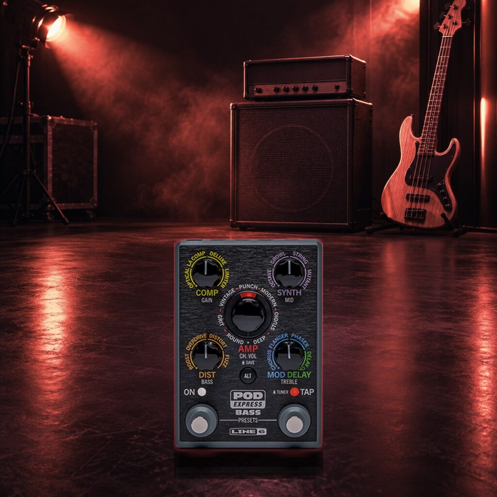 POD Express Bass pedal on a worship stage with warm light beams