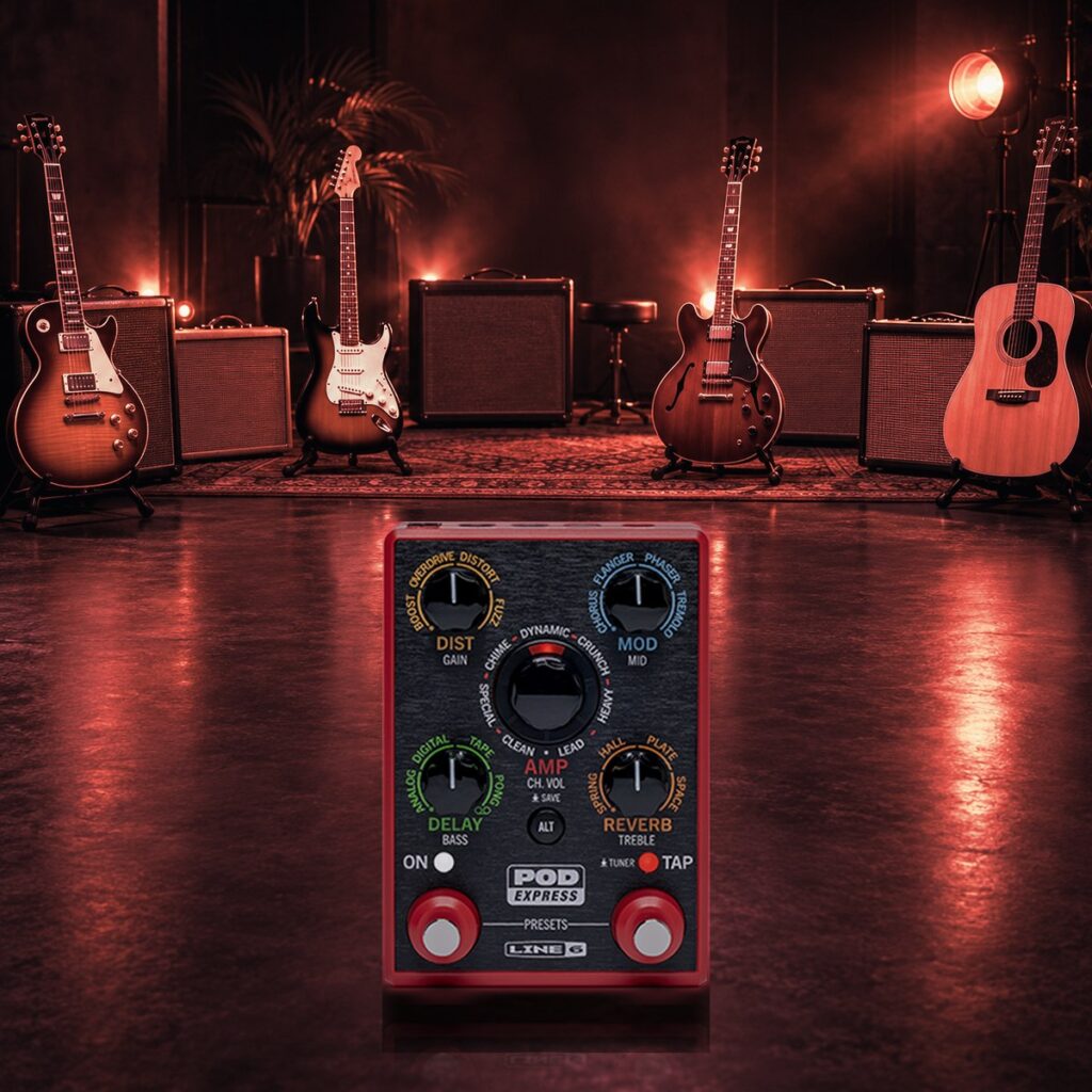 POD Express pedals in a warm community jam space with guitars and small amps