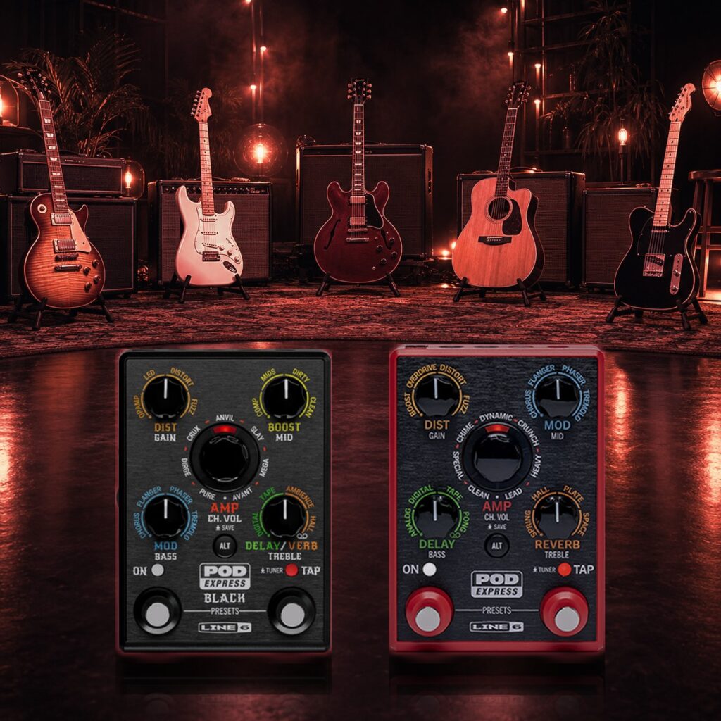 POD Express pedals in a warm community jam space with guitars and small amps