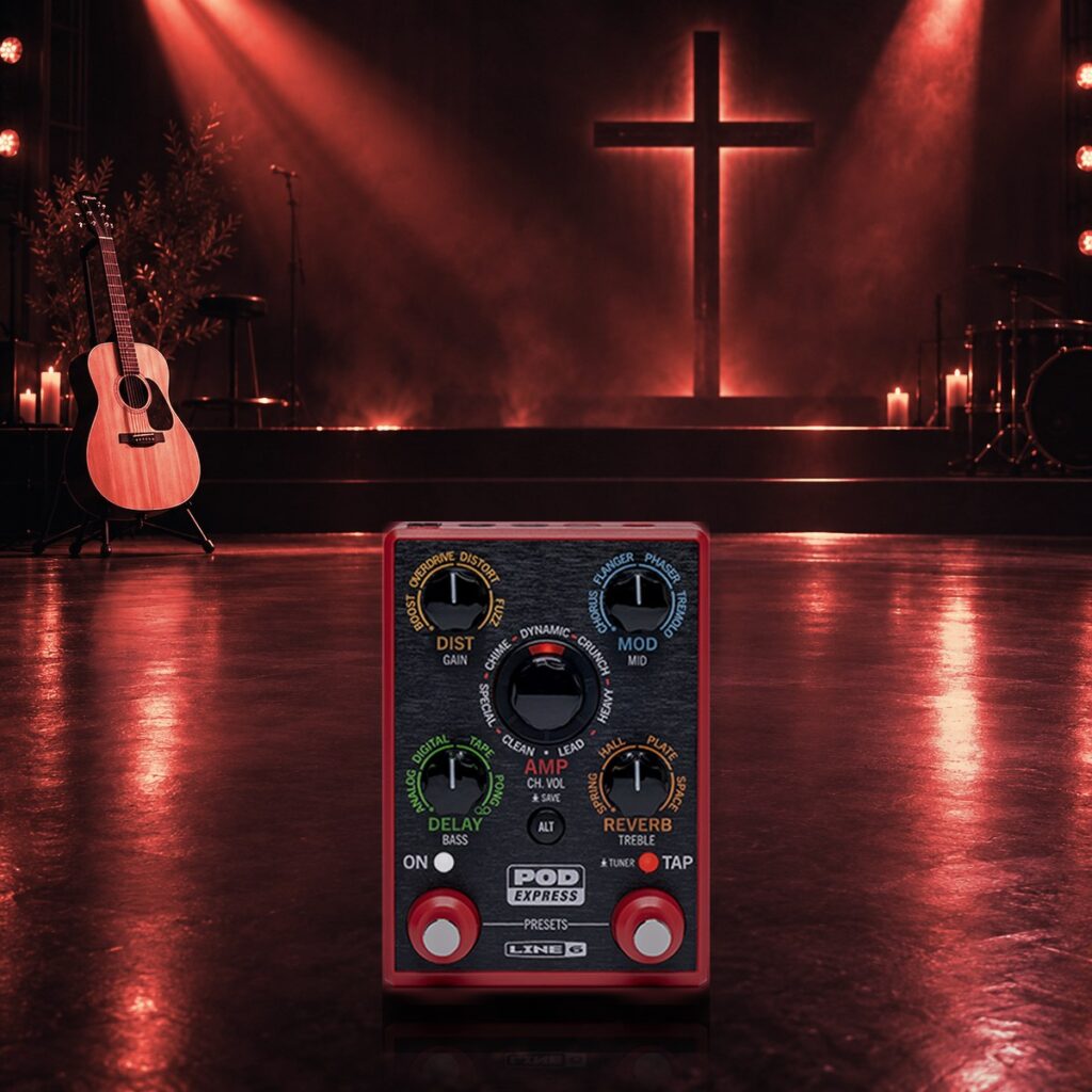POD Express Guitar pedal on a church stage with warm light beams and an acoustic guitar