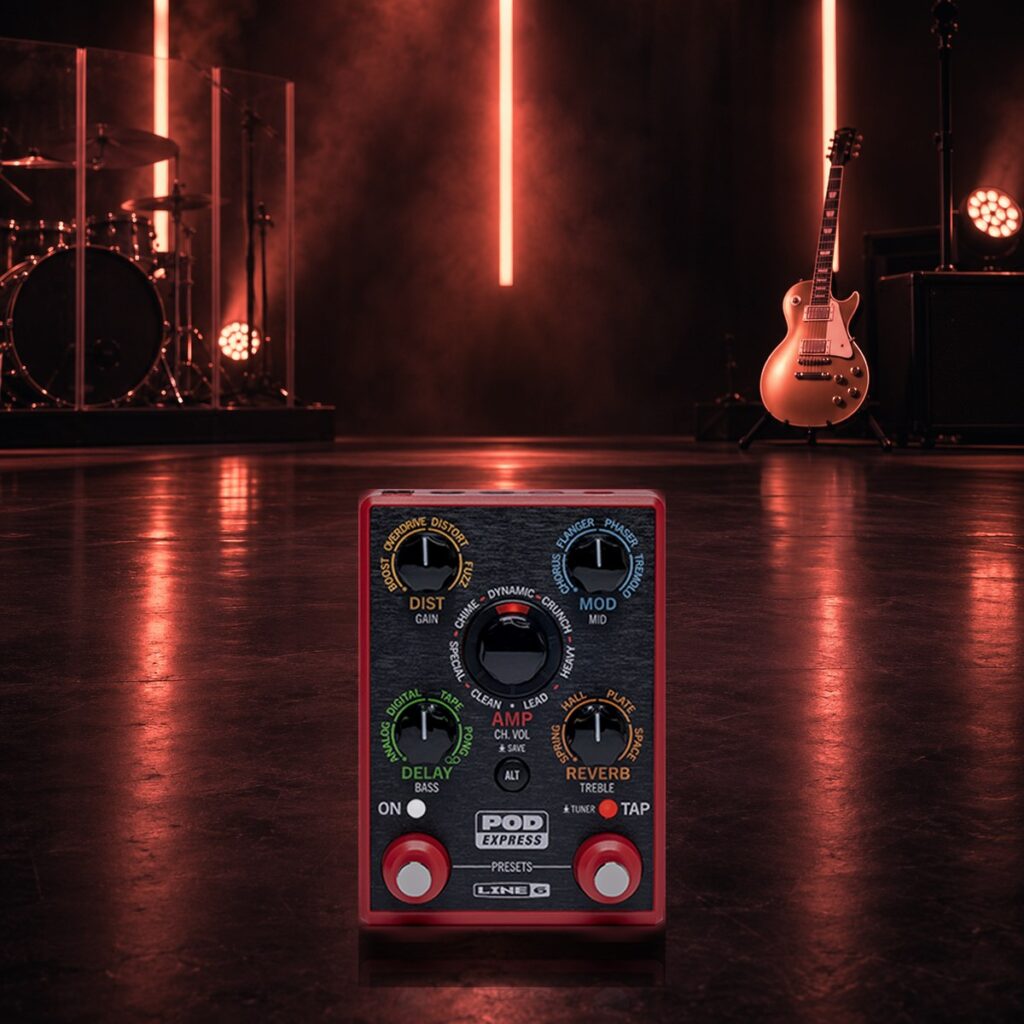 POD Express Guitar pedal on a worship stage with tall orange light beams