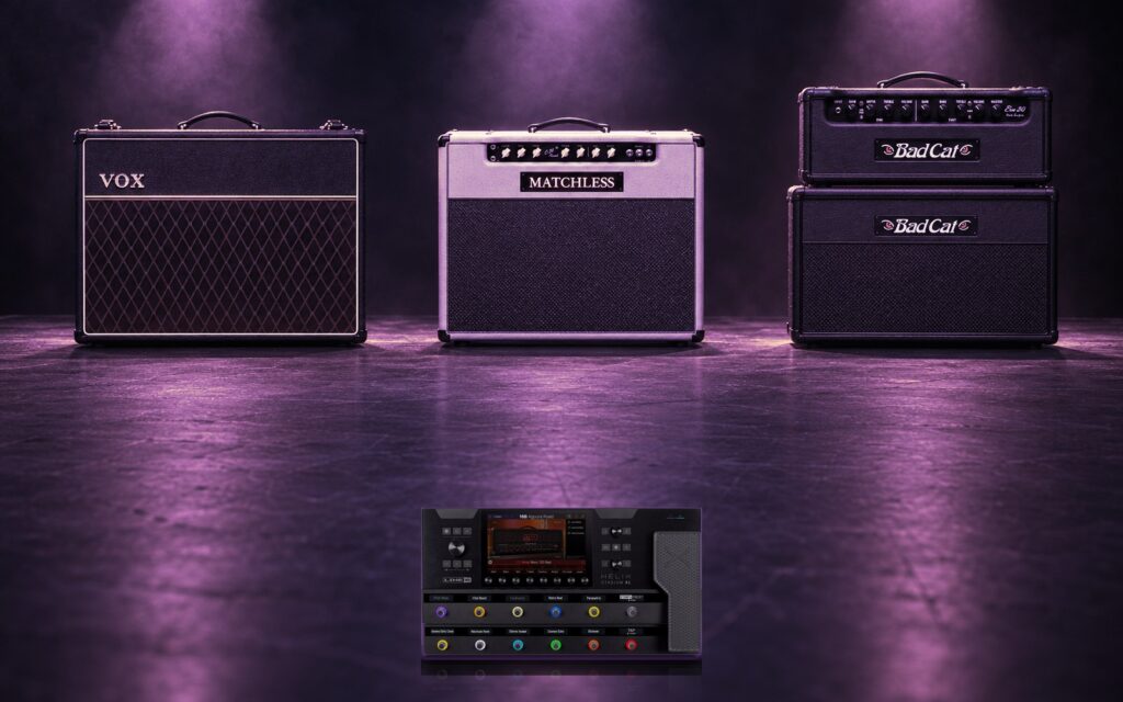 Three guitar amps in a row on a dark stage behind a Helix Stadium