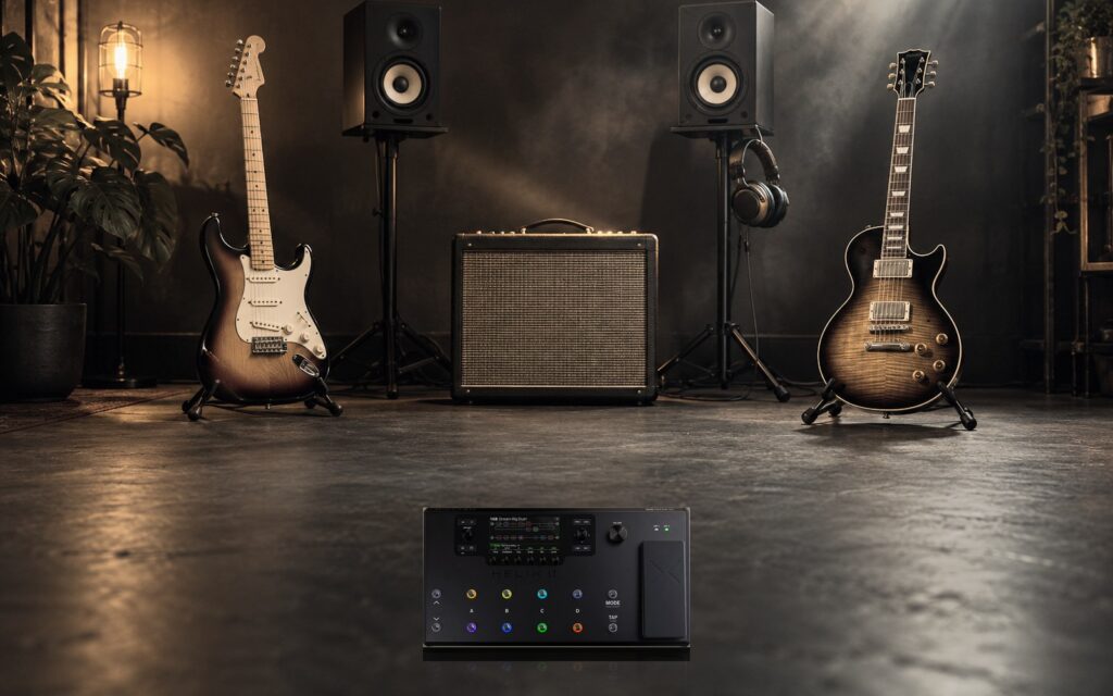Two electric guitars, a combo amp and studio monitors in a home studio, with a Helix on the floor